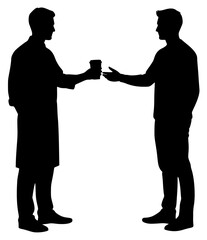 lhouettes of two men engaged in a friendly interaction, argument, beverage, catch, coffee, coffee cup, conversation, drink, give, hand, man, profile, shake, stand, talk, against transparent background