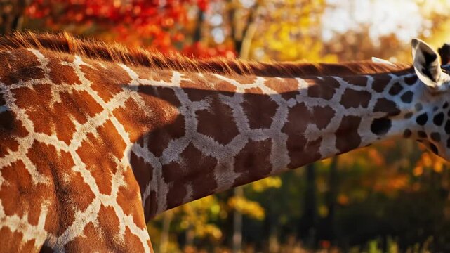 Close-up of a giraffe's patterned neck in autumn forest with warm sunlight