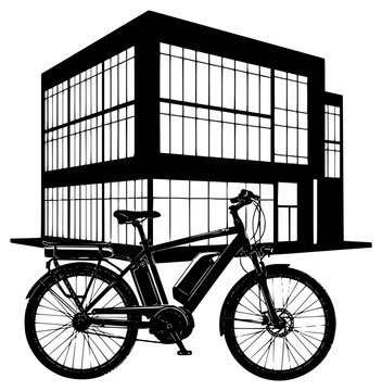 icycle parked in front of a modern building, attach, bicycle, black, building, cage, cart, crate, illustration, load, office building, package, park, profile, warehouse, against transparent background