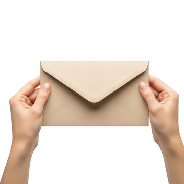 A pair of hands holding an empty brown envelope against a plain background.