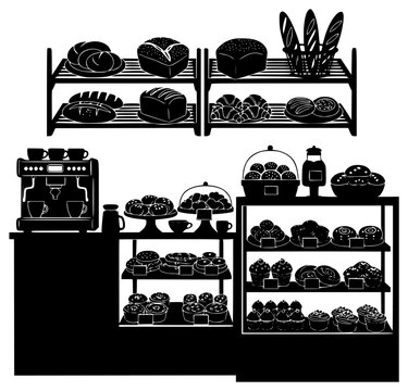 ration of a bakery display case filled with various baked goods, bakery, black, bread, cupcake, display, fill, food, illustration, muffin, pastry, shelf, showcase, tray, against transparent background