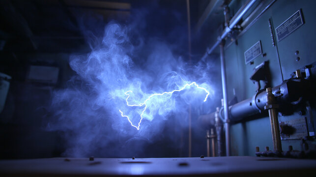 AI generator images of Arc flash, or an electrical explosion, occurs inside an electrical control panel. electrical short circuit through the air, resulting in a sudden release of energy.