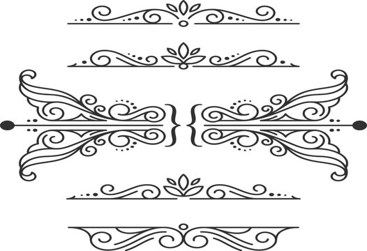 Black outline vintage ornamental dividers and frames vector collection. Includes decorative flourishes, scrollwork, and elegant border elements. Created in line art style with a monochrome