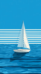 White Sailboat On Blue Ocean Minimal Illustration
