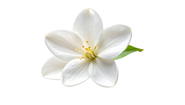 Close-up of a delicate single white flower, possibly jasmine or orange blossom, with yellow stamens and a green leaf. Beautiful botanical element with a transparent background for design projects.