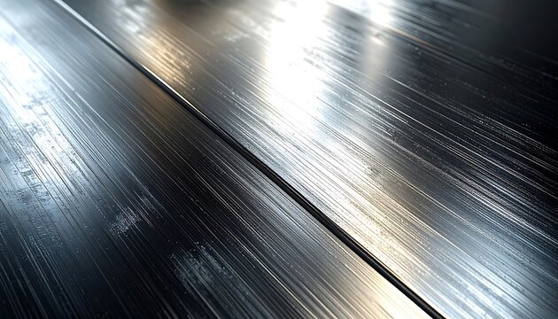 Close-up of shiny, dark surface, reflecting light, with parallel lines, textures and patterns, abstract, angled view