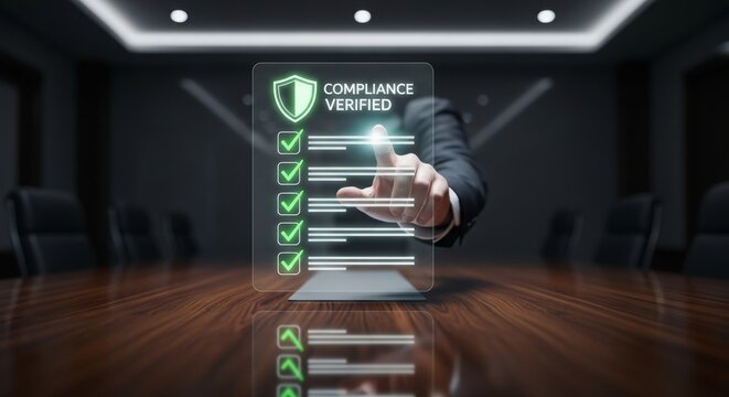 Businessman verifying compliance checklist on transparent screen in conference room