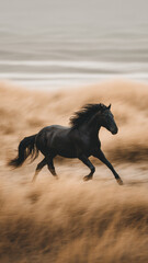 Obraz premium Black Horse Running In Field 