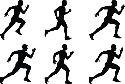 Silhouette sequence of a runner in various dynamic poses illustrating movement phases