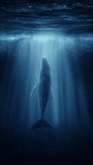 Whale Swimming Underwater With Sun Rays
