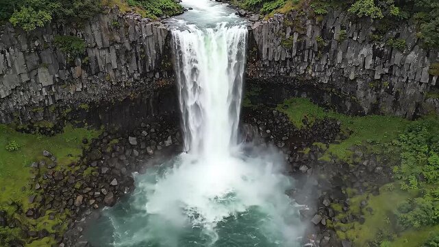 Aerial Basalt Waterfall Plunging Into Pool, Surrounded By Columnar Basalt Cliffs And Lush Green Vegetation, Powerful Cascade Sending Mist