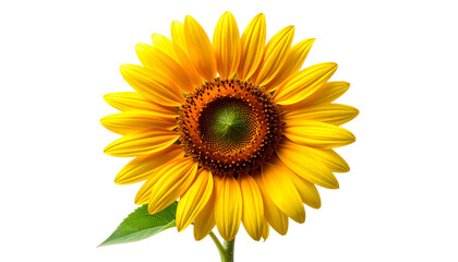 Fototapeta premium Macro photo of a beautiful blooming sunflower head with detailed petals and seeds. Natural floral object with stem and leaf isolated on a transparent background for easy design compositing.