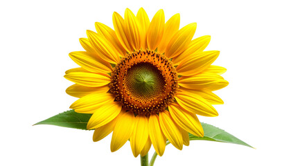 Obraz premium Beautiful bright yellow sunflower in full bloom with green leaves and stem, isolated on a transparent background. Detailed macro shot showing petals and seeds. Perfect for nature and summer themes.