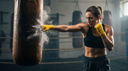 Focused female boxer with yellow hand wraps delivering a strong punch to a large brown punching bag in a sunlit, gritty boxing gym, showcasing determination and athletic power.