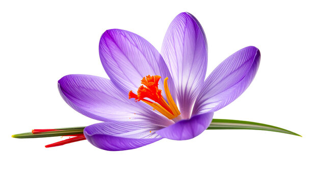 Detailed macro shot of a single beautiful purple crocus sativus, the saffron flower, in full bloom with vibrant orange stamens and green leaf, isolated on a transparent background for easy use.