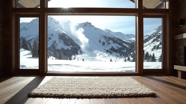 Sunlit Chalet Interior With Mountain View. Wooden Floor, Plush Rug Centered In Foreground, Floortoceiling Window Framing Snow Covered Peaks, Morning