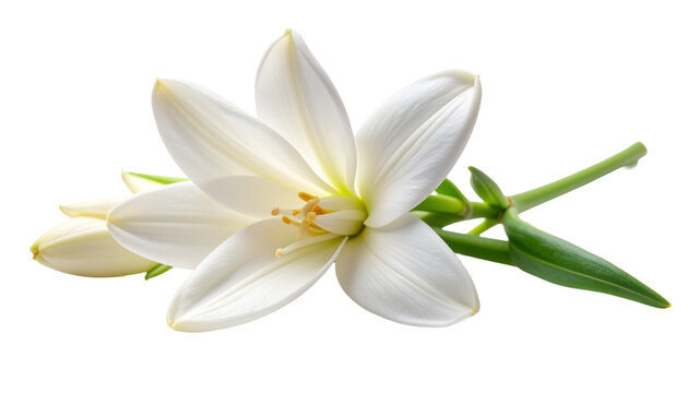 Close-up of a beautiful single white Amazon Lily flower with delicate petals, stamen, and green stem. Detailed botanical macro shot isolated on a transparent background, perfect for nature themes.