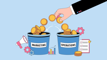 Hand allocating budget funds between marketing and operations buckets with coins and business icons vector illustration