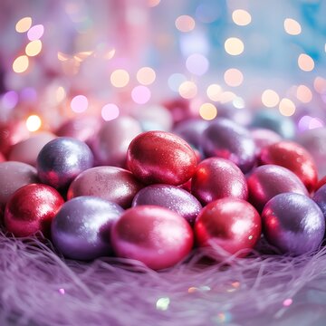 Shimmering metallic Easter eggs rest upon soft purple tinsel with bokeh lights.