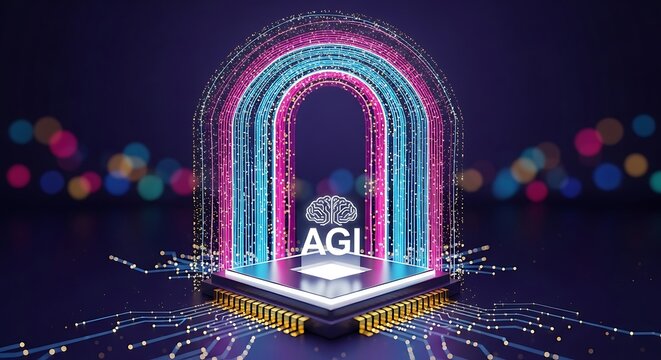 A futuristic neon arch with agi logo on a microchip base