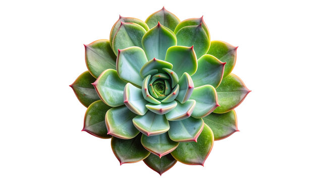 Top view of a beautiful Echeveria succulent plant with a symmetrical rosette pattern. The fleshy green leaves have reddish tips. Isolated object with a transparent background for easy design use.
