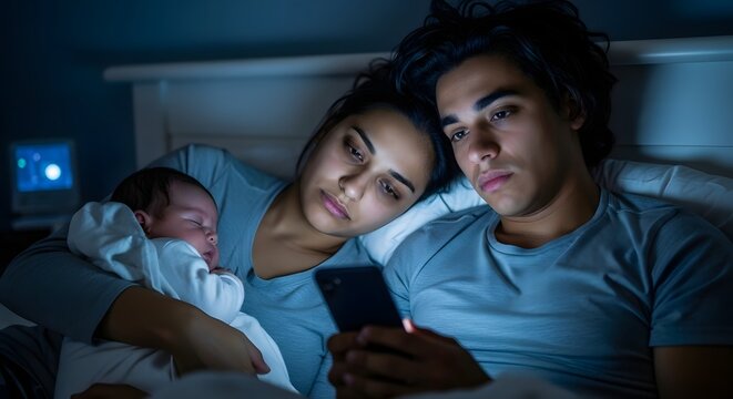A tired young couple with their newborn baby is lying in bed at night, quietly looking at a smartphone screen together.