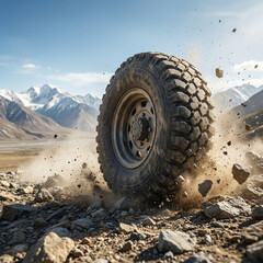 Rugged Off-Road Tire Kicking Up Dust and Rocks on a Rocky Mountain Trail Under a Bright Blue Sky, Symbolizing Adventure, Durability, and Exploration.