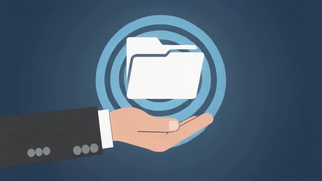 Hand presenting a white folder icon with a bright blue glow on a dark blue gradient background image