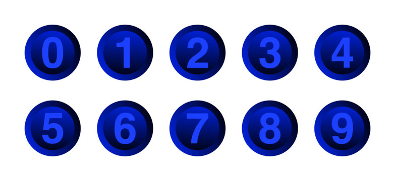 Gradient dark blue circular button with the set of numbers 0-9 in technology style.