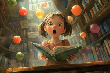 Shocked girl discovering magic in a whimsical book