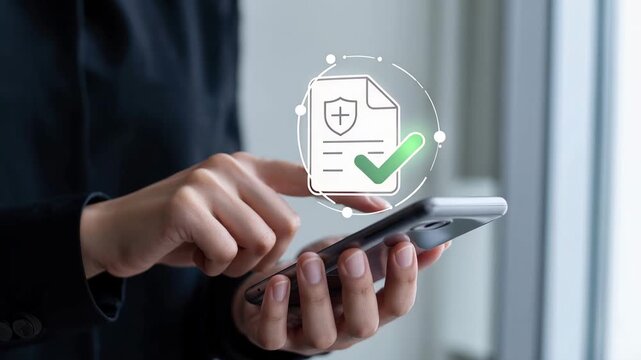 Smart Health Documentation: A person interacts with a mobile phone screen displaying health documentation with security icons, representing the digital transformation of healthcare.