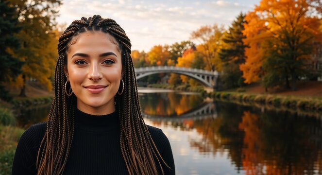 Smiling young woman with box braids posing outdoors in the fall. Portrait of a happy person in a scenic autumn park with a river and bridge