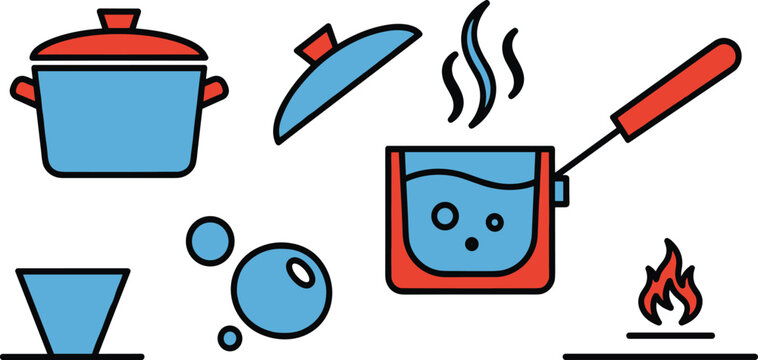 Cooking Pot and Boiling Water Vector Illustration Set with Blue Soup Pan Steam Bubbles and Fire Flame for Kitchen and Food Recipe