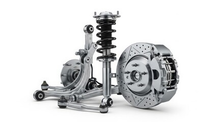 Complete car suspension and brake assembly, including a performance coilover, caliper, and drilled rotor, isolated on white for automotive illustration.