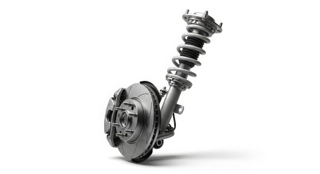 Automotive performance suspension strut and disc brake assembly angled against a white backdrop, showcasing precision engineering for auto enthusiasts.