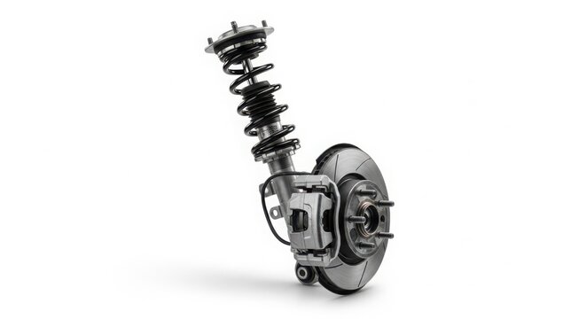Performance vehicle suspension coilover and brake system components isolated on white, highlighting advanced engineering for a smooth ride and superior stopping.