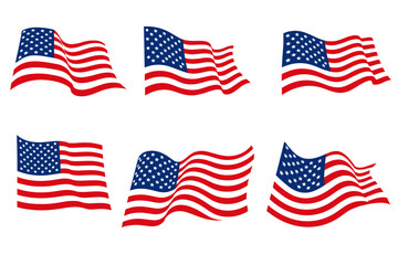 Fototapeta premium Six waving American flags with stars and stripes in red, white, and blue. Vector set on black background for patriotic posters, Independence Day, and elections.