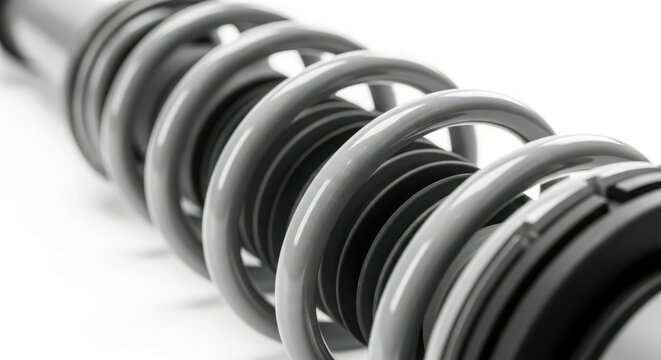 Close-up of a car's suspension spring and damper component, showcasing the coiled metal and protective boot on a clean white background.