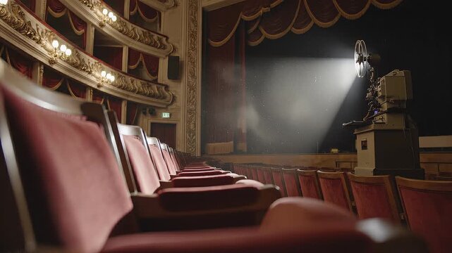 Empty Red Seats And Projector Spotlight Casting Dustfilled Beam Across Ornate Balcony And Stage Curtain, Dim Auditorium With Vintage Reel Machine,