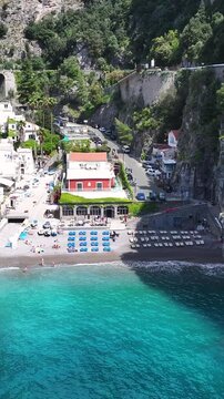 Amalfi Coast At Praiano In Salerno Italy. Coastal City. Waterfront Landscape. Amalfi Coast At Praiano In Salerno Italy. Beach Scenery. Medieval Buildings. Amalfi Coast Skyline.