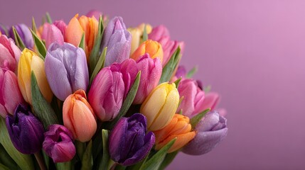 Obraz premium Colorful bouquet of tulips in various shades against a purple background