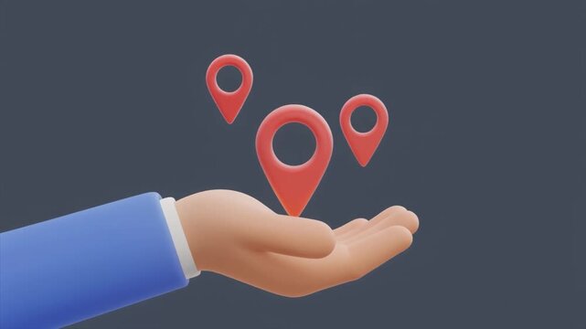 Cartoon Hand in Blue Sleeve Holding Multiple Red Location Pins Over Dark Gray Background map marker