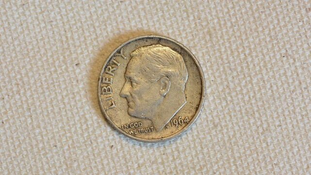 Vintage US Roosevelt Dime, Close up of Obverse Side with Liberty Text and Profile of Franklin D. Roosevelt