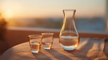Fototapeta premium Glass decanter and two shot glasses on a wooden table. the table is covered with a beige cloth and the background is blurred, but it appears to be a balcony or terrace with a view of the ocean.