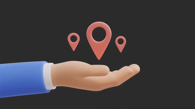 Cartoon Hand in Blue Sleeve Holding Three Red Location Pins Over Black Background map marker navigation