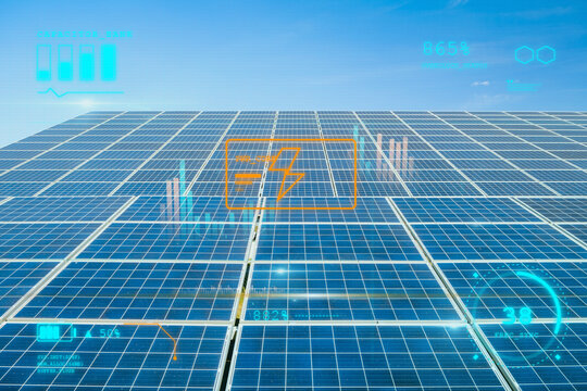 A futuristic digital overlay monitors the efficiency and power output of a vast solar panel array under a clear blue sky, symbolizing advanced renewable energy solutions.