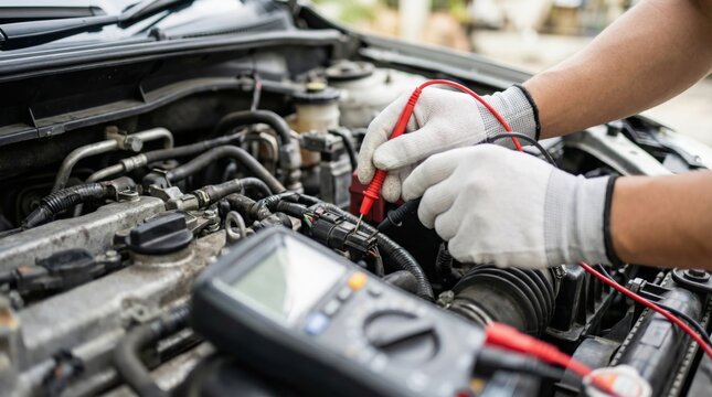 Automotive technician performing advanced electrical diagnostics using digital multimeter probes on engine system wiring for optimized vehicle maintenance and reliable performance outcomes