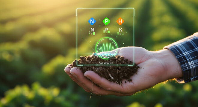 Farmer Holding Rich Soil with Futuristic NPK Nutrient Icons and Data Display in a Lush Green Field at Sunrise