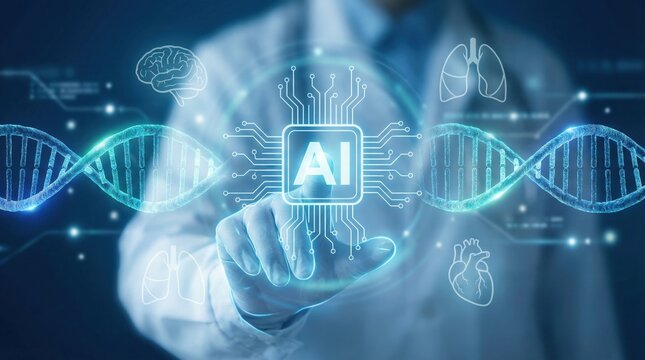 Doctor uses artificial intelligence interface with DNA double helix hologram for data-driven diagnostics and healthcare optimization in biotechnology and medical analytics