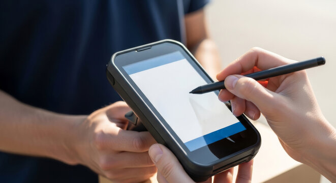 A close-up of a person's hand signing on a digital device during a delivery process, showcasing modern technology in logistics.